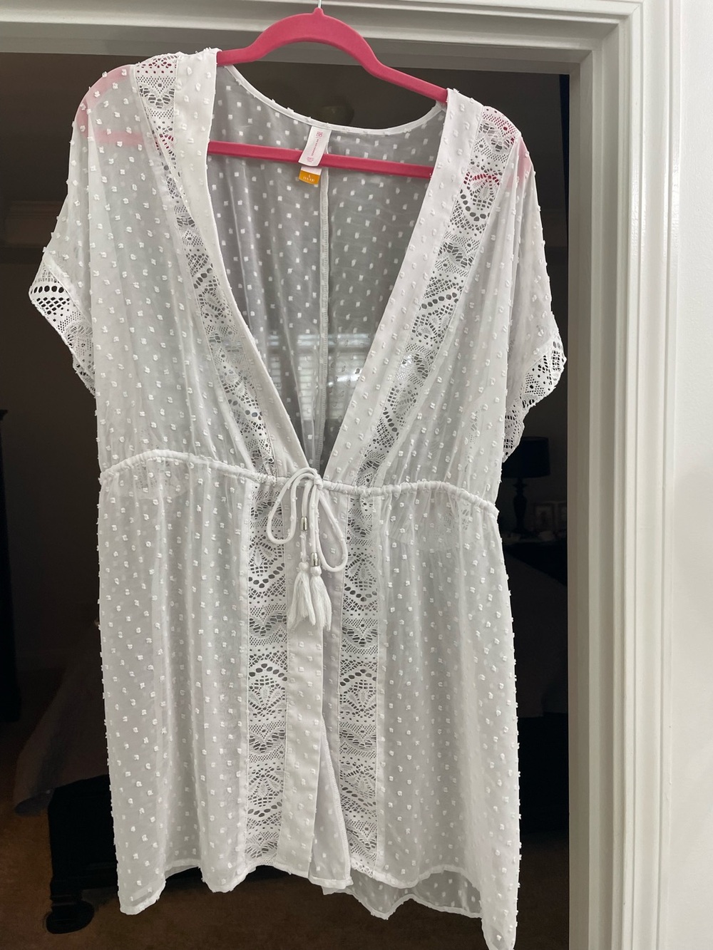 No Boundaries White Sheer Swiss Dot Swim Coverup with Lace Trim